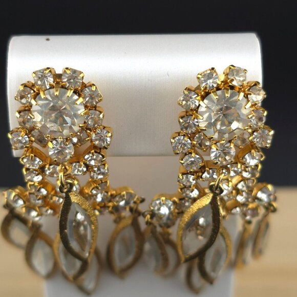 Runway Chandelier Gold-Tone Clip-On Earrings Clear Crystals & Dangle Leaf Charms - Picture 2 of 7